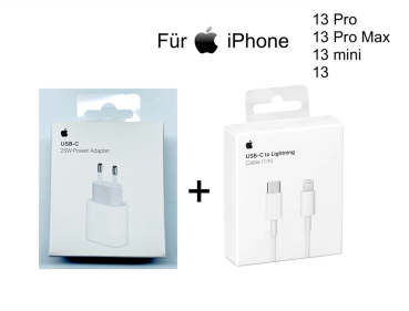Apple iPhone 13 | 13 Mini | 13 Pro | 13 Pro Max | 25W Ladegerät MHJJ83ZM/A + 1m USB‑C auf Lightning Ladekabel MQGJ2ZE/A